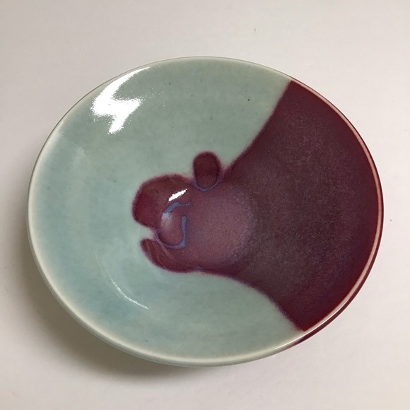 Studio Pottery Bowl SIGNED Ceramics Aqua Purple Gloss Abstract 8” Asian Handmade - Picture 10 of 11